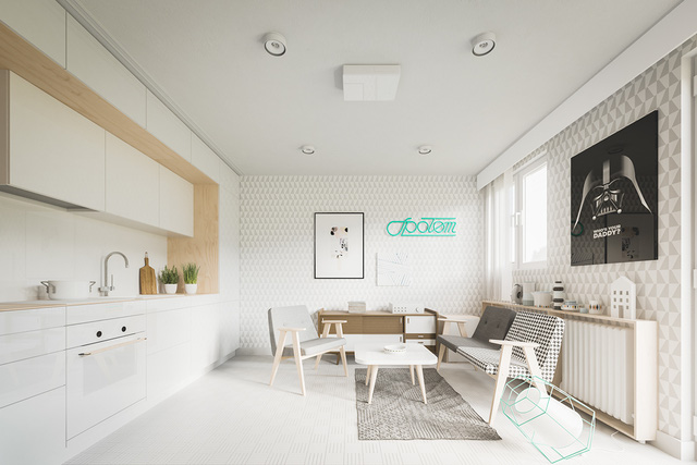 Góc tiếp khách của chủ nhà được thiết kế đơn giản với bộ bàn ghế có chân tạo cảm giác thông thoáng cho căn hộ. Phía đối diện là khu vực bếp ăn nhỏ xinh, gọn gàng với hệ tủ kệ khép kín. 